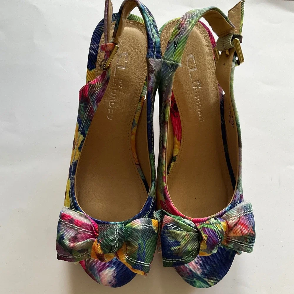 CL by Laundry‎ Imagined Multi Floral Wedge Sandals Cork Heel Peep Toe 6.5 New IB